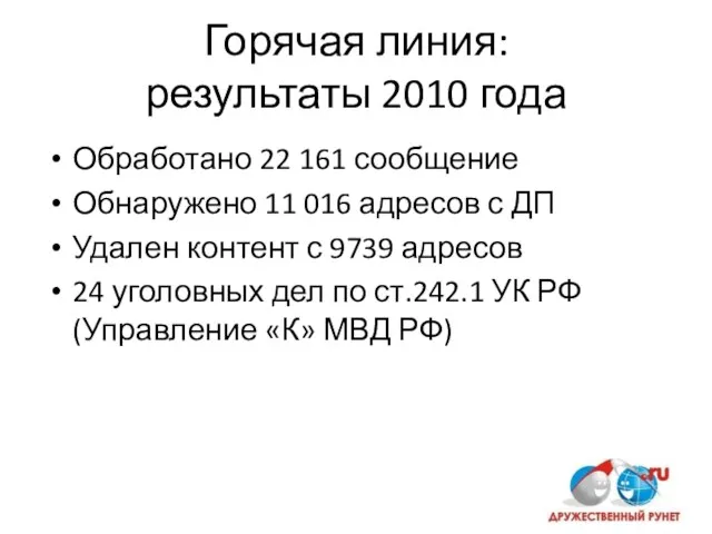 Горячая линия: результаты 2010 года Обработано 22 161 сообщение Обнаружено 11 016