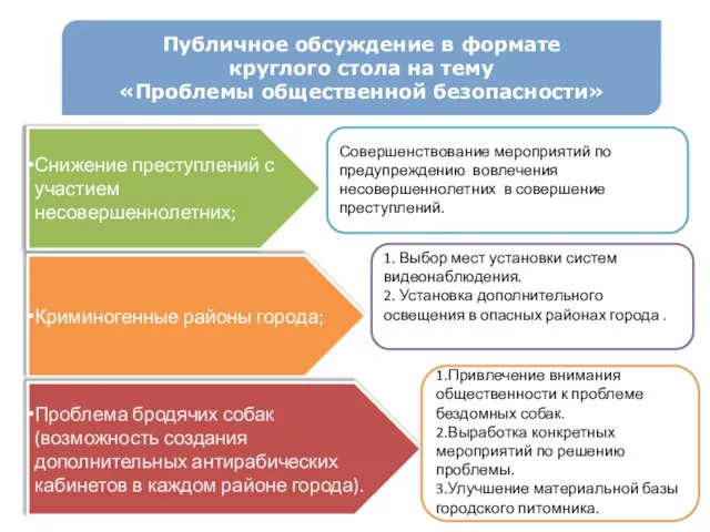 Снижение преступлений с участием несовершеннолетних; Криминогенные районы города; Проблема бродячих собак (возможность