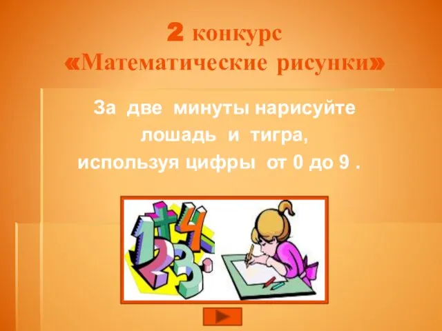 2 конкурс «Математические рисунки» За две минуты нарисуйте лошадь и тигра, используя