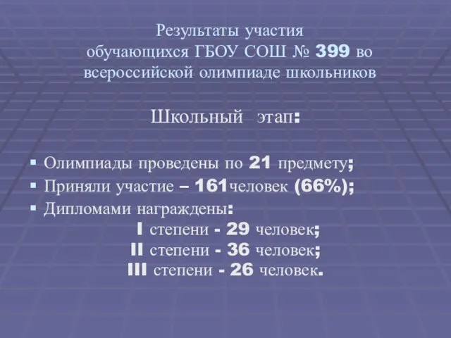 Результаты участия обучающихся ГБОУ СОШ № 399 во всероссийской олимпиаде школьников Школьный