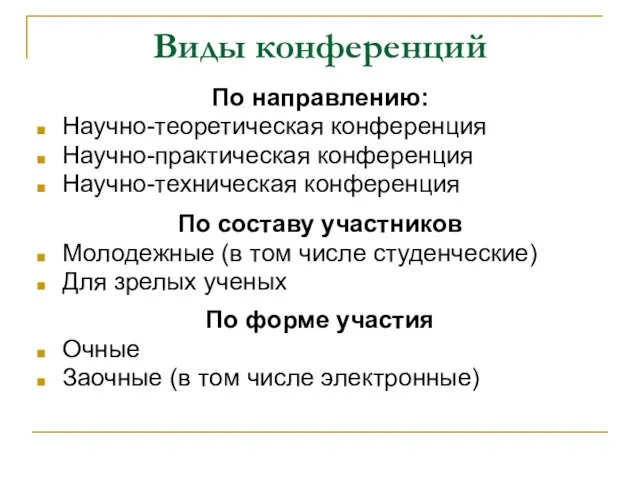 Виды конференций По направлению: Научно-теоретическая конференция Научно-практическая конференция Научно-техническая конференция По составу