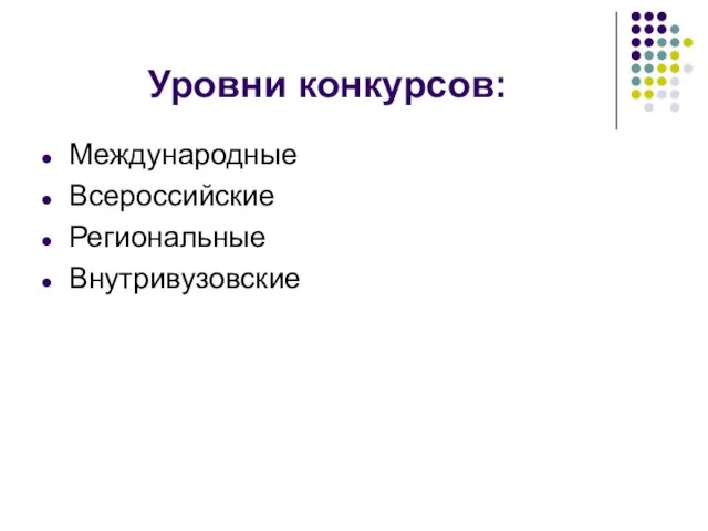 Уровни конкурсов: Международные Всероссийские Региональные Внутривузовские