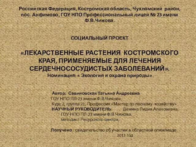 Российская Федерация, Костромская область, Чухломский район, пос. Анфимово, ГОУ НПО Профессиональный лицей