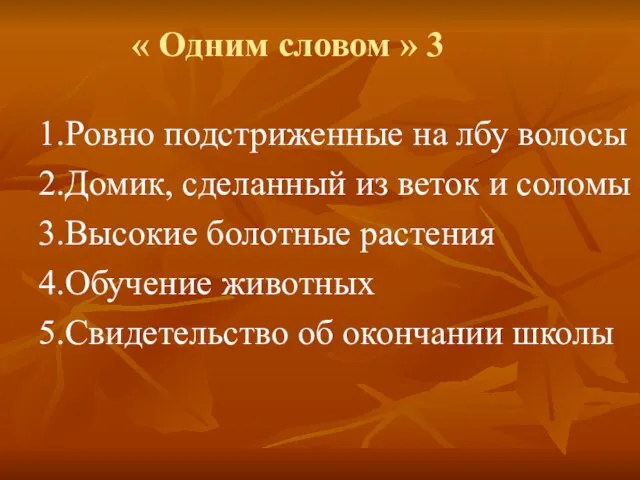 « Одним словом » 3 1.Ровно подстриженные на лбу волосы 2.Домик, сделанный