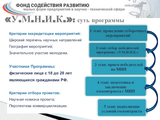 «У.М.Н.И.К.»: суть программы Критерии аккредитации мероприятий: Широкий перечень научных направлений География мероприятий;