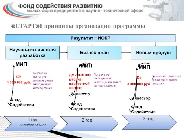 Научно-техническая разработка Фонд Содействия Инвестор 1 год посевная стадия 2 год 3