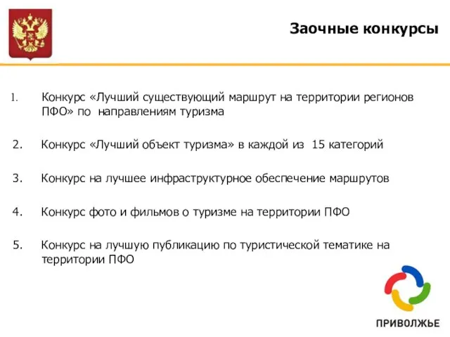 Заочные конкурсы Конкурс «Лучший существующий маршрут на территории регионов ПФО» по направлениям