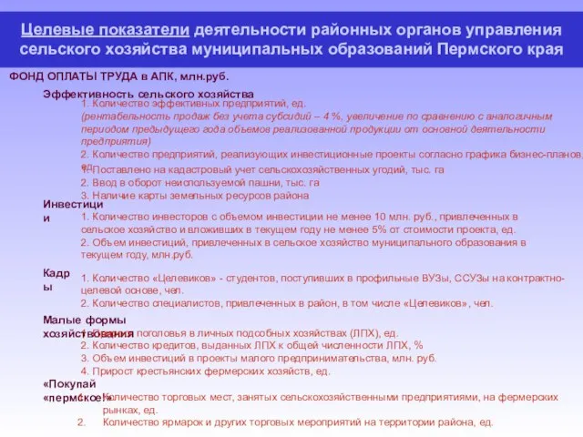 Целевые показатели деятельности районных органов управления сельского хозяйства муниципальных образований Пермского края