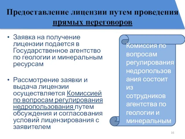 Предоставление лицензии путем проведения прямых переговоров Заявка на получение лицензии подается в