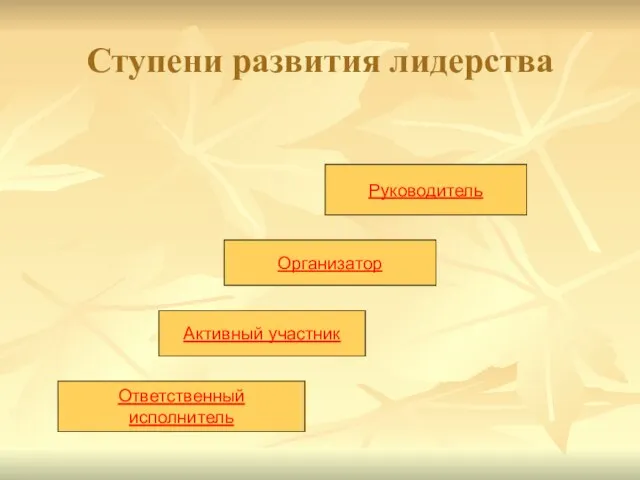 Ступени развития лидерства Ответственный исполнитель Активный участник Организатор Руководитель