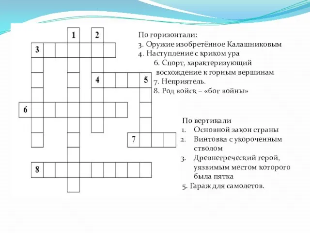 По горизонтали: 3. Оружие изобретённое Калашниковым 4. Наступление с криком ура 6.