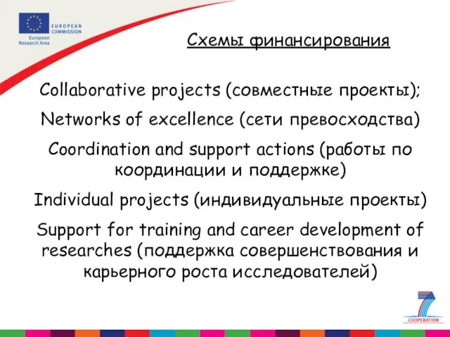 Схемы финансирования Collaborative projects (совместные проекты); Networks of excellence (сети превосходства) Coordination