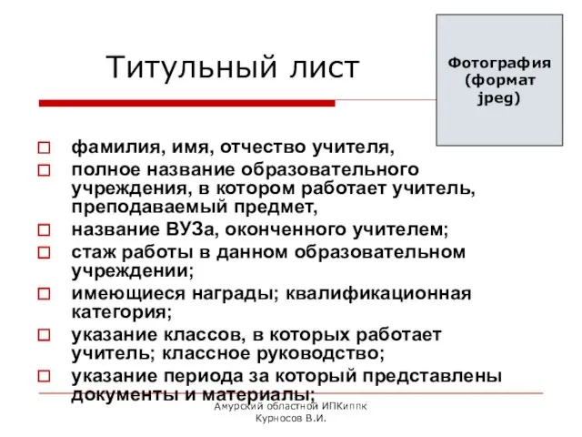 Амурский областной ИПКиппк Курносов В.И. Титульный лист фамилия, имя, отчество учителя, полное