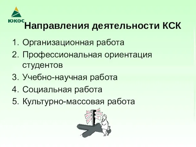 Направления деятельности КСК Организационная работа Профессиональная ориентация студентов Учебно-научная работа Социальная работа Культурно-массовая работа