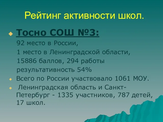 Рейтинг активности школ. Тосно СОШ №3: 92 место в России, 1 место