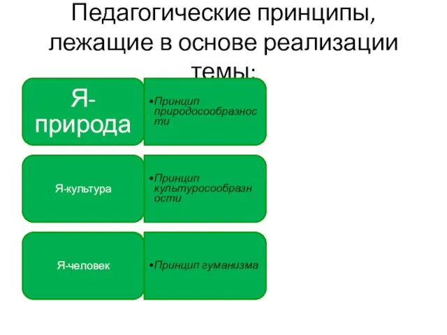 Педагогические принципы, лежащие в основе реализации темы: Я-природа Принцип природосообразности Я-культура Принцип культуросообразности Я-человек Принцип гуманизма