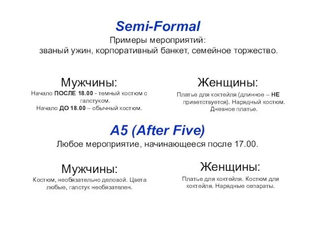 Semi-Formal Примеры мероприятий: званый ужин, корпоративный банкет, семейное торжество. Мужчины: Начало ПОСЛЕ