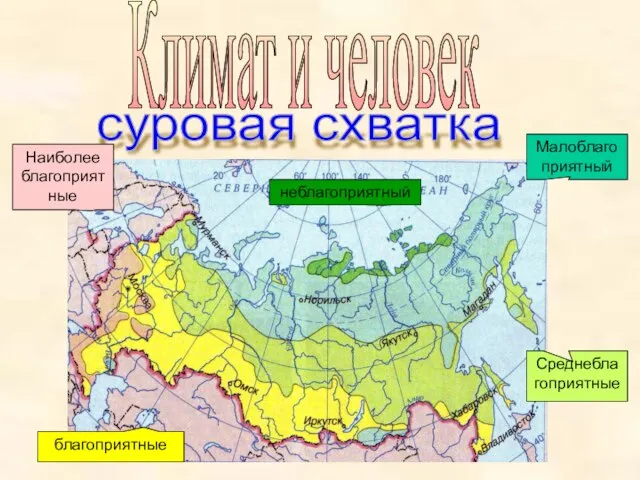 Климат и человек суровая схватка неблагоприятный Малоблагоприятный Среднеблагоприятные Наиболее благоприятные благоприятные