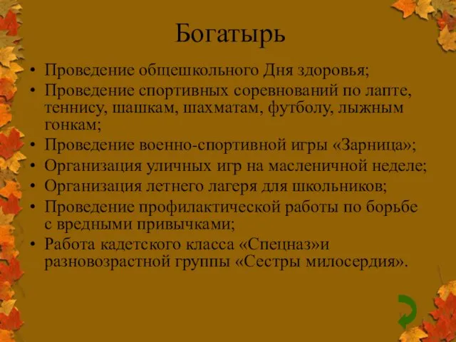 Богатырь Проведение общешкольного Дня здоровья; Проведение спортивных соревнований по лапте, теннису, шашкам,