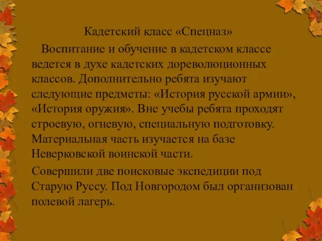 Кадетский класс «Спецназ» Воспитание и обучение в кадетском классе ведется в духе