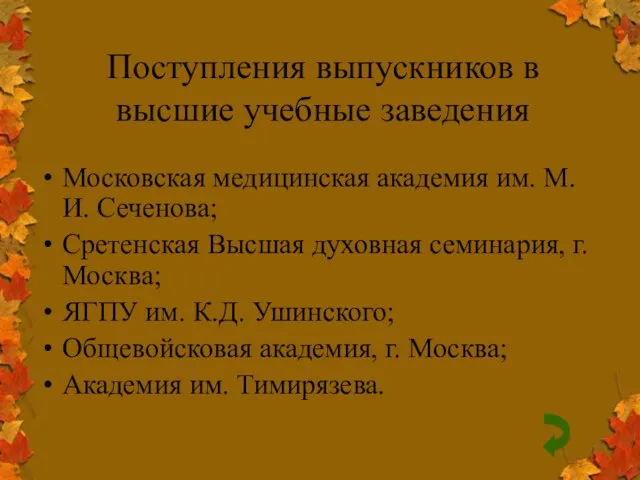 Поступления выпускников в высшие учебные заведения Московская медицинская академия им. М.И. Сеченова;