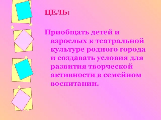 ЦЕЛЬ: Приобщать детей и взрослых к театральной культуре родного города и создавать