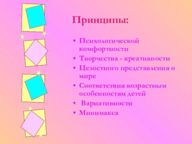 Принципы: Психологической комфортности Творчества - креативности Целостного представления о мире Соответствия возрастным особенностям детей Вариативности Минимакса