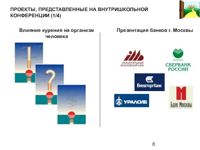 ПРОЕКТЫ, ПРЕДСТАВЛЕННЫЕ НА ВНУТРИШКОЛЬНОЙ КОНФЕРЕНЦИИ (1/4) Влияние курения на организм человека Презентация банков г. Москвы