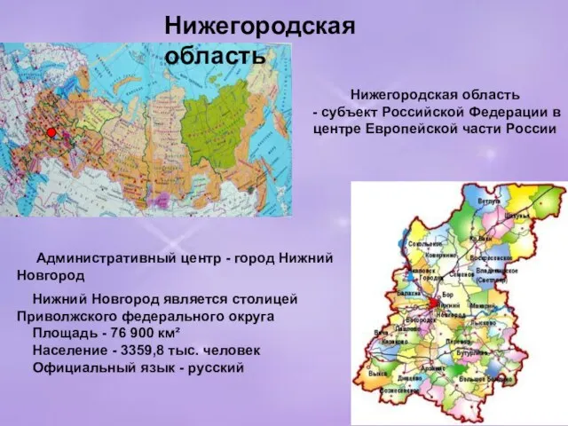 Нижегородская область Административный центр - город Нижний Новгород Нижний Новгород является столицей