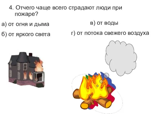 4. Отчего чаще всего страдают люди при пожаре? а) от огня и