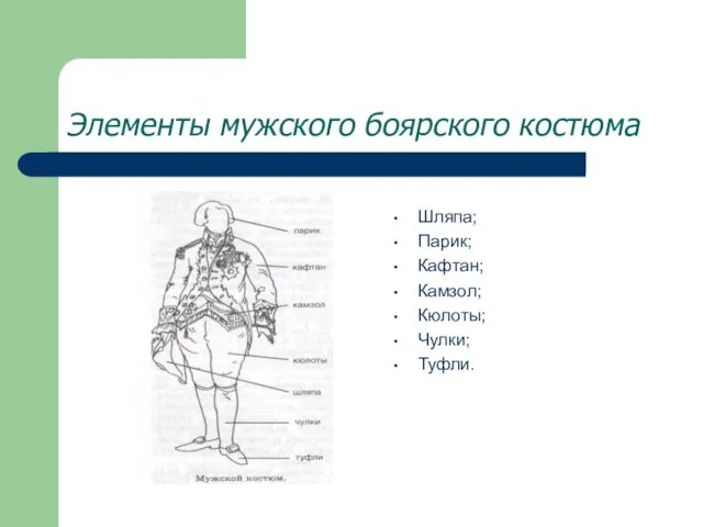 Элементы мужского боярского костюма Шляпа; Парик; Кафтан; Камзол; Кюлоты; Чулки; Туфли.