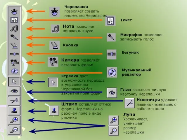 Лупа Увеличивает, уменьшает размер черепашки Штамп оставляет оттиск формы Черепашки на рабочем