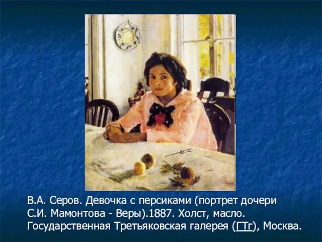 В.А. Серов. Девочка с персиками (портрет дочери С.И. Мамонтова - Веры).1887. Холст,