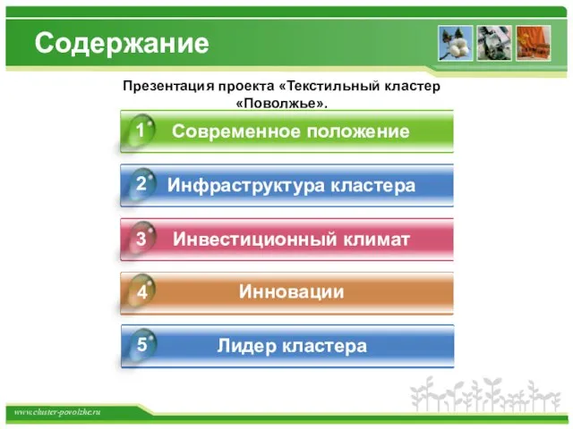 Содержание Современное положение Инфраструктура кластера Инвестиционный климат Инновации 4 1 2 3