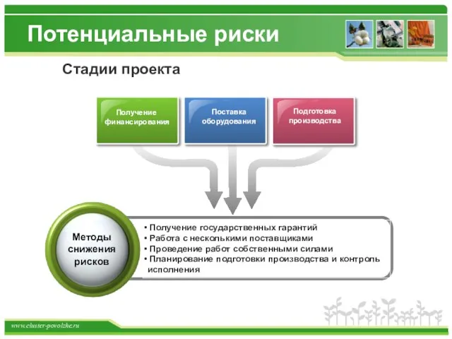 Потенциальные риски Получение финансирования Поставка оборудования Подготовка производства Методы снижения рисков Стадии