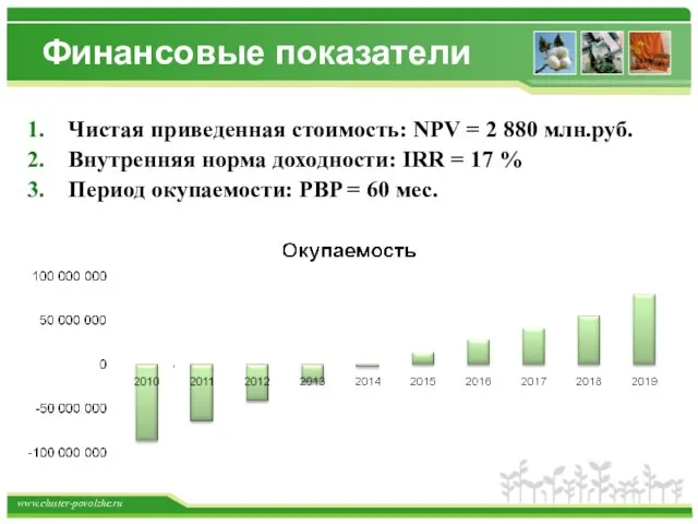 Финансовые показатели Чистая приведенная стоимость: NPV = 2 880 млн.руб. Внутренняя норма