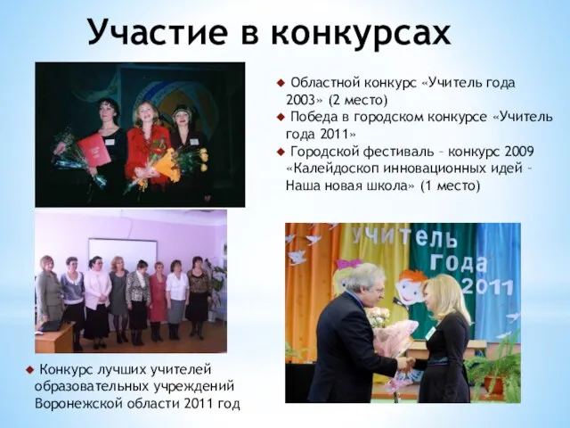Участие в конкурсах Областной конкурс «Учитель года 2003» (2 место) Победа в