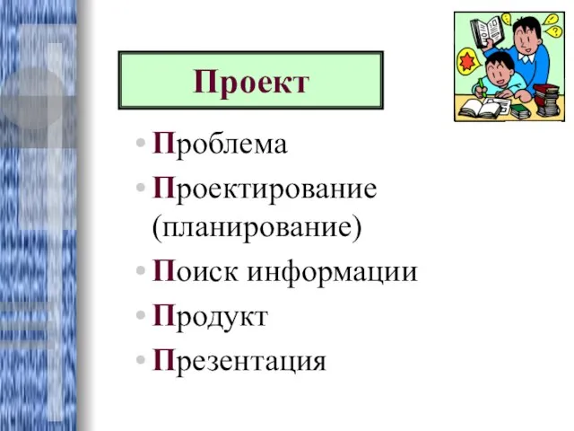 Проблема Проектирование (планирование) Поиск информации Продукт Презентация Проект