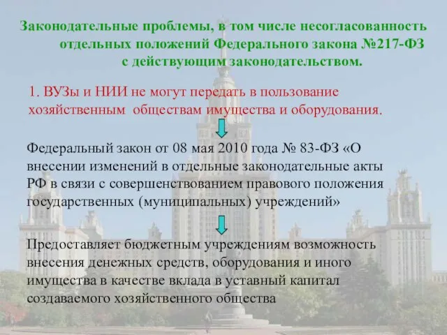 Законодательные проблемы, в том числе несогласованность отдельных положений Федерального закона №217-ФЗ с