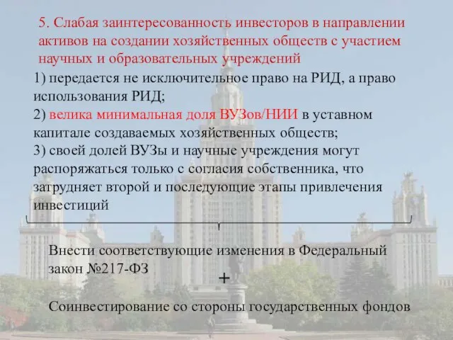 5. Слабая заинтересованность инвесторов в направлении активов на создании хозяйственных обществ с