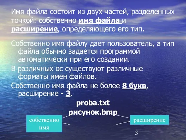 Имя файла состоит из двух частей, разделенных точкой: собственно имя файла и