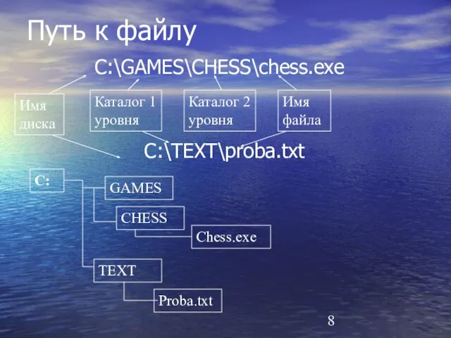 Путь к файлу С:\GAMES\CHESS\chess.exe С:\ТEXT\proba.txt