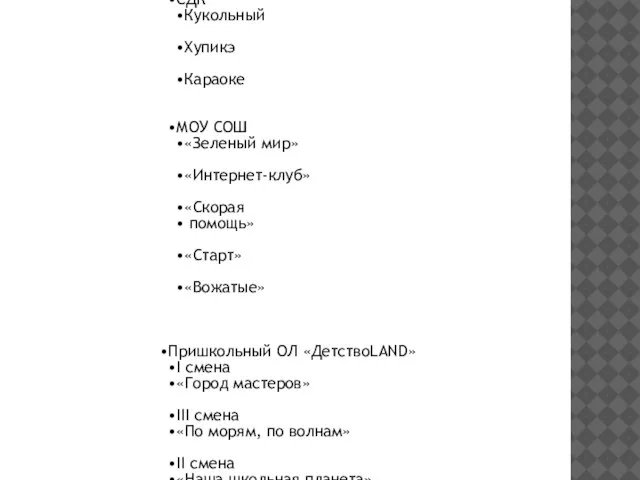 Совет Лето-2011 Кружки и формирования СДК Кукольный Хупикэ Караоке МОУ СОШ «Зеленый