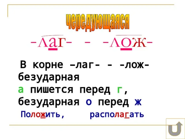 -лаг- - -лож- В корне –лаг- - -лож- безударная а пишется перед