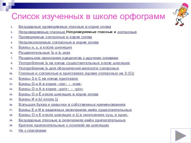 Список изученных в школе орфограмм Безударные проверяемые гласные в корне слова Непроверяемые