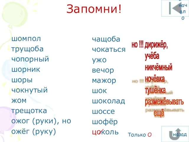 Запомни! шомпол трущоба чопорный шорник шоры чокнутый жом трещотка ожог (руки), но