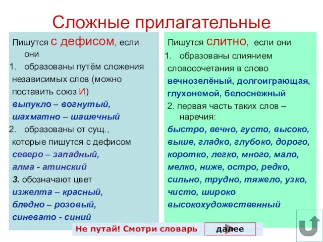 Сложные прилагательные Пишутся с дефисом, если они образованы путём сложения независимых слов