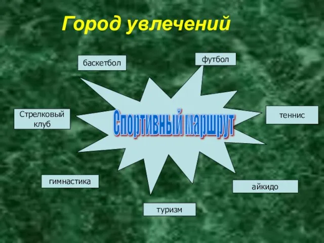 Город увлечений Спортивный маршрут баскетбол футбол теннис айкидо туризм гимнастика Стрелковый клуб