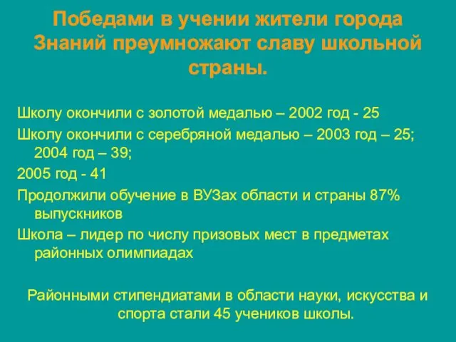 Победами в учении жители города Знаний преумножают славу школьной страны. Школу окончили