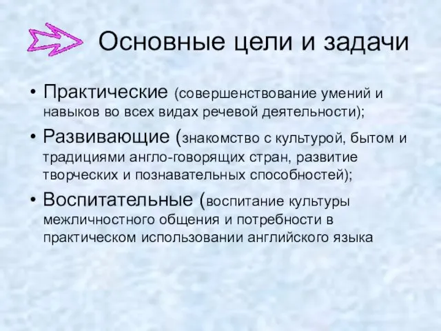 Основные цели и задачи Практические (совершенствование умений и навыков во всех видах